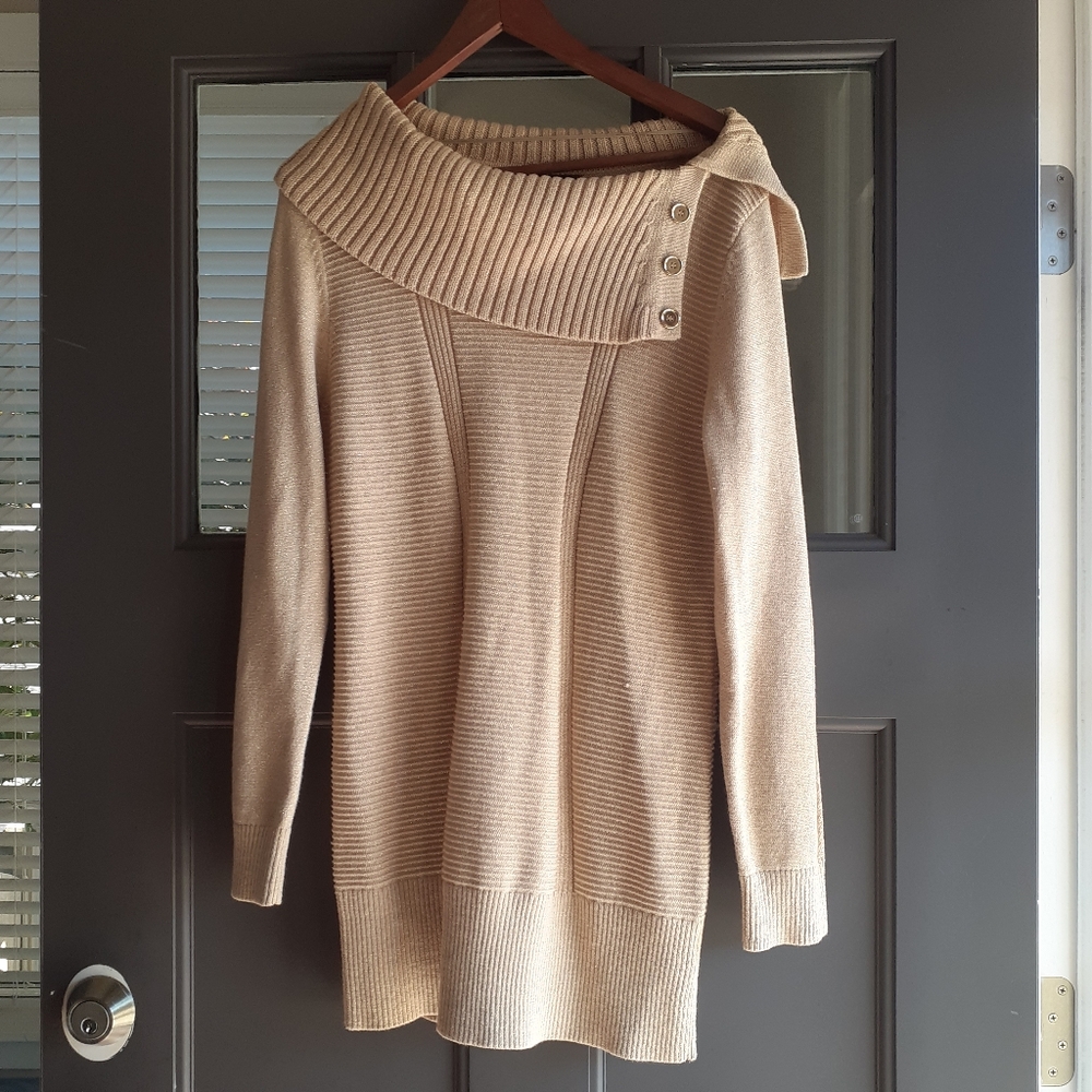 Style & Co Gold Shimmer Cowl Neck Tunic Length Sweater with Button Detail Size L